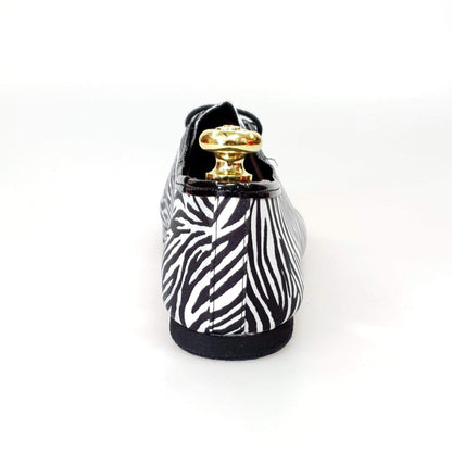 Scarpa Jazz Wish Dance Shop Jazz 03 in raso seta fantasia zebrata con profilo in vernice nera, elegante e originale.