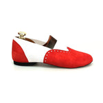 Load image into Gallery viewer, Scarpa jazz Roly Jazz 06 in camoscio rosso con elastico bianco e suola bufalo, design confortevole e flessibile.
