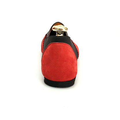 Scarpe da ballo Roly Jazz 06 in camoscio rosso con elastico nero e suola bufalo, con suola Flex per comfort e flessibilità