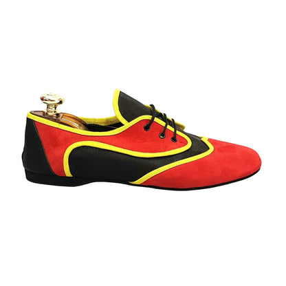 Scarpa Bantu Red Jazz 07 di Wish Dance Shop in camoscio rosso e pelle nera stile Angolana con punta rossa elegante.