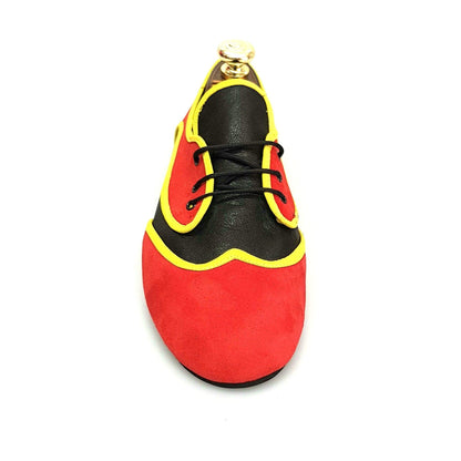 Scarpa Bantu Red Jazz 07 di Wish Dance Shop in camoscio rosso e pelle nera, stile angolano con dettaglio rosso sull’avanti