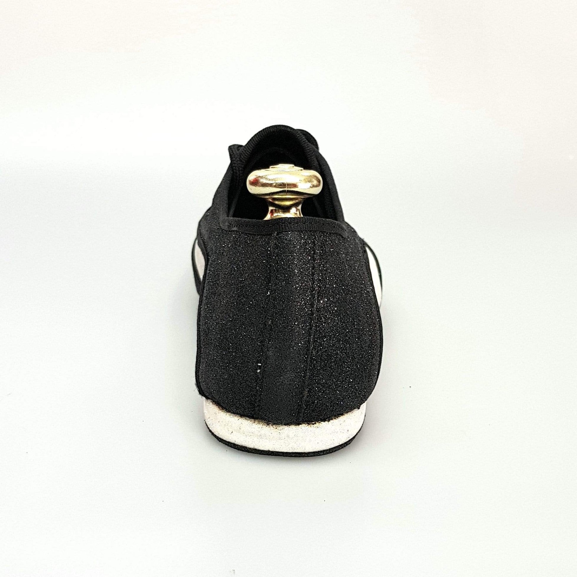 Scarpe jazz Billie Mambo Wish Dance Shop in glitter nero e bianco con profilo nero, suola e design elegante.
