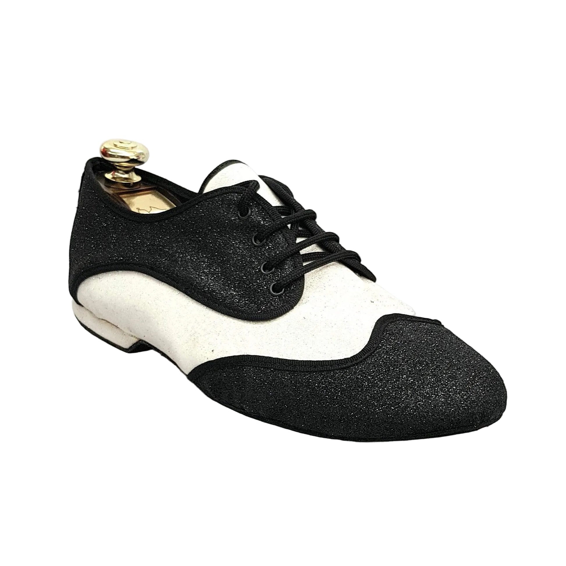 Scarpa jazz Billie Mambo Wish Dance Shop in glitter nero e bianco con profilo nero, suola e design elegante.