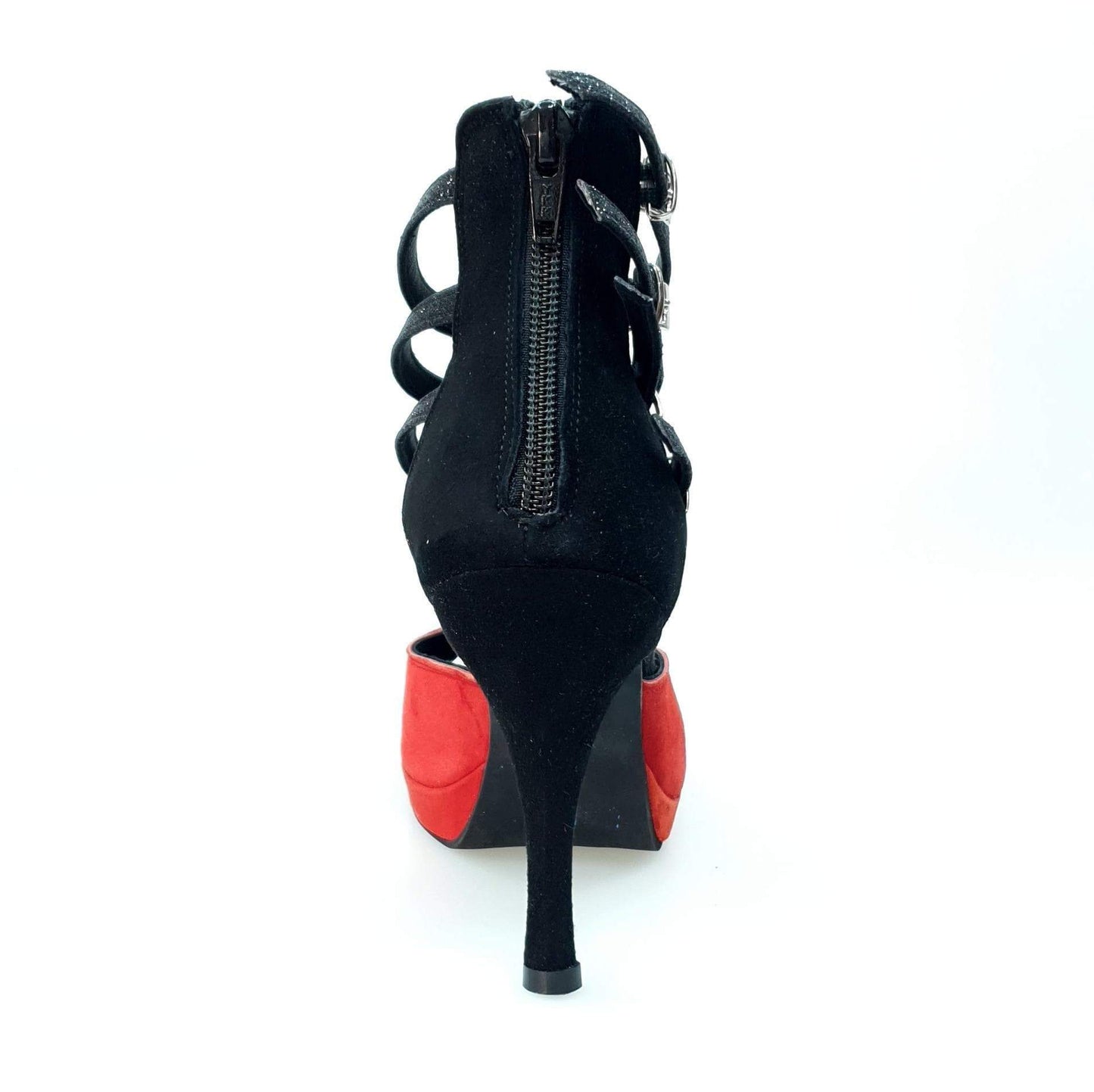 Scarpa da donna Malon 779F in camoscio rosso e nero con cinturini glitter e plateau, elegante e alla moda