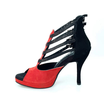 Scarpa donna Malon 779F in camoscio rosso e nero con cinturini glitter e suola a plateau, stile elegante e alla moda