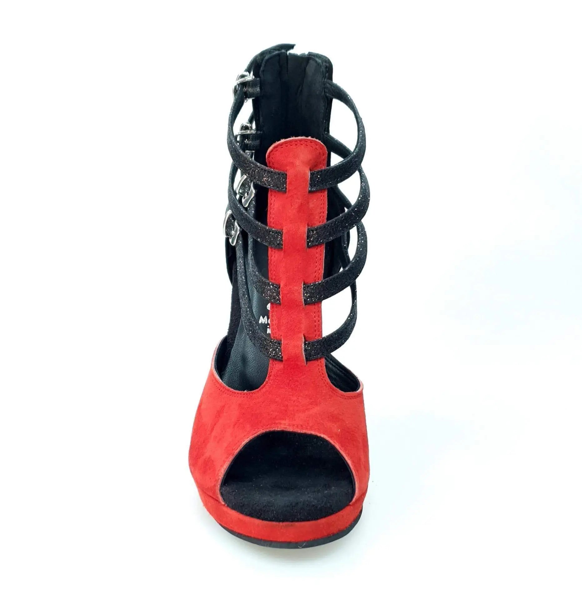 Scarpa donna Malon 779F in camoscio rosso e nero con cinturini glitter e plateau, stile elegante e alla moda.