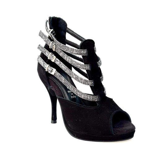 Scarpa da donna in camoscio nero Wish Dance Shop con cinturini fish carbon e plateau, stile elegante e moderno.