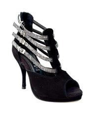 Load image into Gallery viewer, Lussuria (779F) - Woman&#39;s Shoe in Black Suede with Fish Carbon Straps and Plateau
