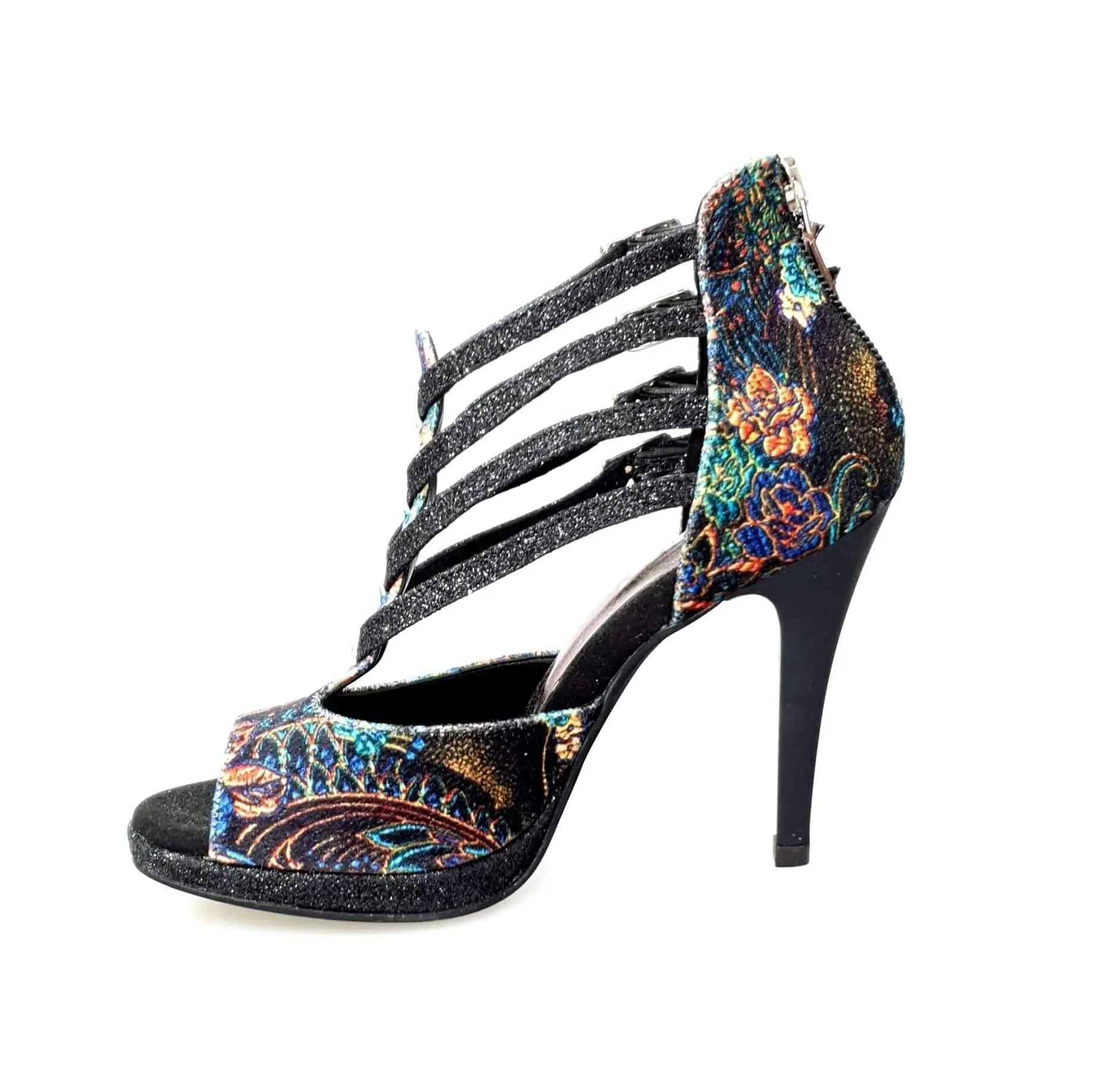 Scarpa da donna Lussuria Wish Dance Shop in velluto nero con cinturini glitter, plateau e tacco a spillo.