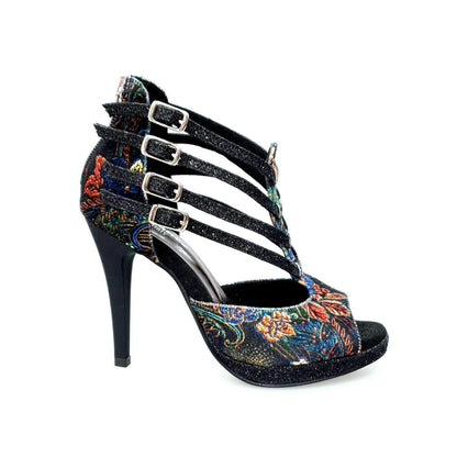 Scarpa da donna Lussuria in velluto nero con cinturini glitter, plateau e tacco a spillo, stile elegante e alla moda.