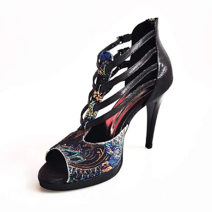 Sandalo donna Wish Dance Shop Lussuria in velluto nero e lurex con plateau e tacco a spillo, elegante scarpa in stile sofisticato.