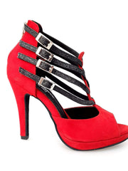 Load image into Gallery viewer, Lussuria PLT (779) - Dance Shoe in Red Suede and Black Glitter Straps with Stiletto Heel and Plateau
