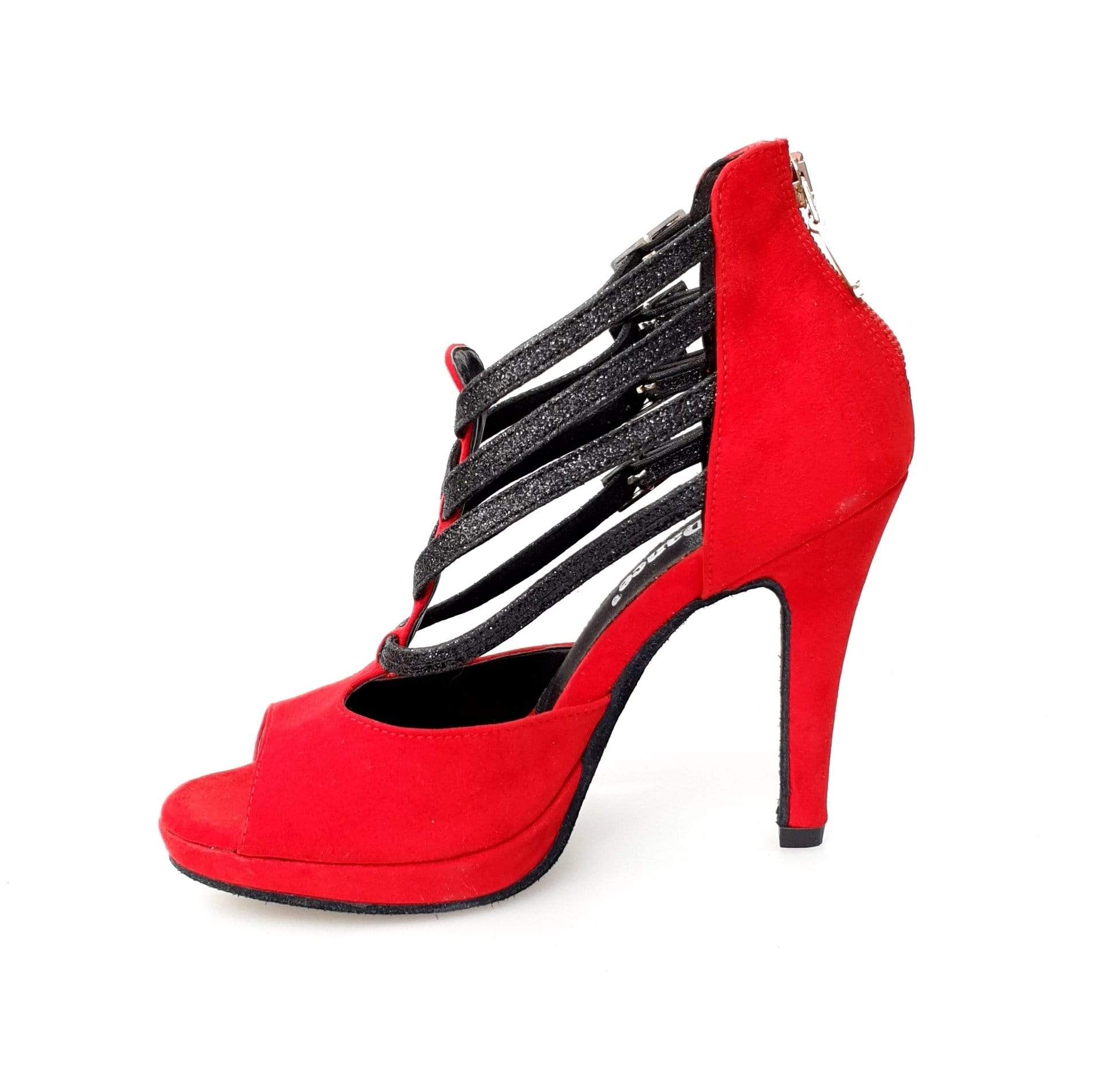 Scarpa da ballo Wish Dance Shop Lussuria in camoscio rosso, cinturini glitter nero, tacco a spillo e plateau, elegante e raffinata.