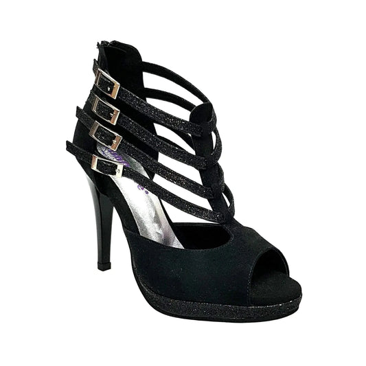 Scarpa donna Lussuria in camoscio nero con cinturini glitter, plateau e tacco alto a spillo largo, stile elegante e confortevole