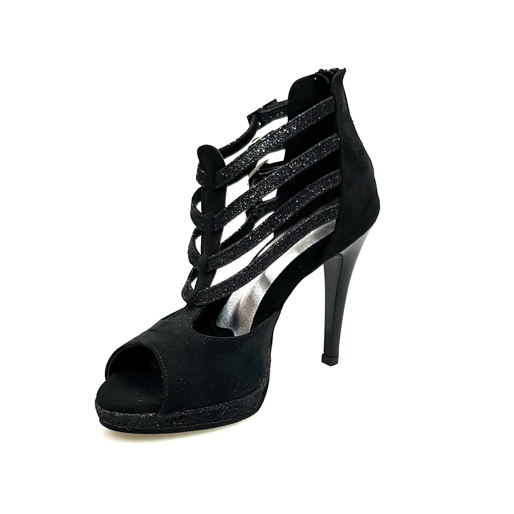 Scarpa da donna Wish Dance Shop Lussuria in camoscio nero con cinturini glitter, plateau e tacco alto a spillo largo smaltato nero