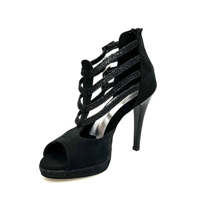 Scarpa da donna Wish Dance Shop Lussuria in camoscio nero con cinturini glitter, plateau e tacco alto a spillo largo smaltato nero