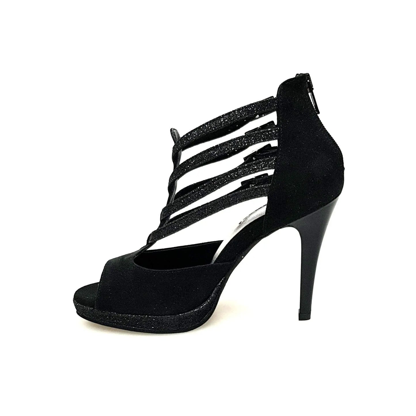 Scarpa donna Wish Dance Shop Lussuria in camoscio nero con cinturini glitter, plateau e tacco alto a spillo largo smaltato nero