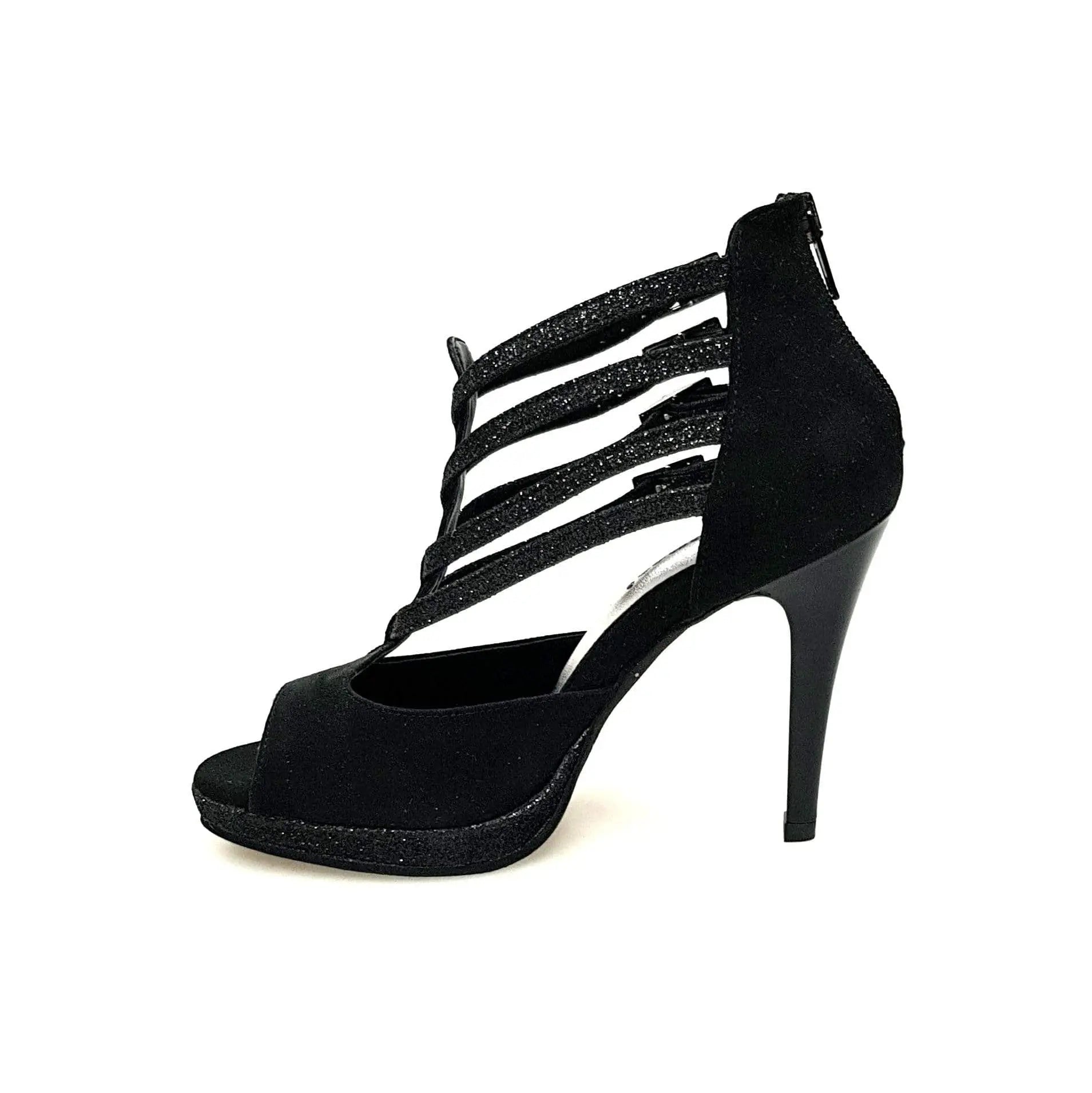 Scarpa donna Wish Dance Shop Lussuria in camoscio nero con cinturini glitter, plateau e tacco alto a spillo largo smaltato nero