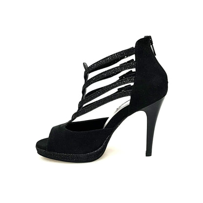 Scarpa donna Wish Dance Shop Lussuria in camoscio nero con cinturini glitter, plateau e tacco alto a spillo largo smaltato nero
