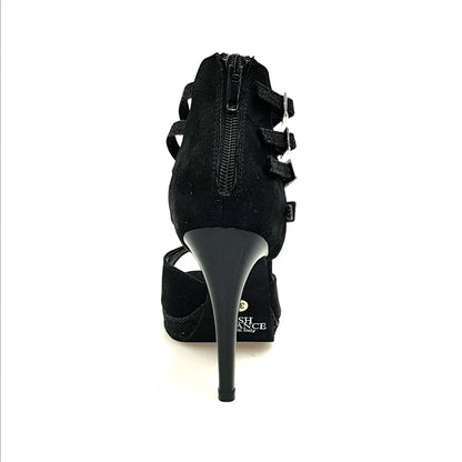Scarpa donna Lussuria Wish Dance Shop in camoscio nero con cinturini glitter, plateau e tacco alto a spillo largo smaltato nero