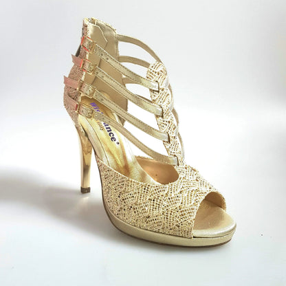 Scarpa da donna Lussuria Wish Dance Shop in pizzo oro con plateau e tacco a spillo, dettagli eleganti e raffinati.