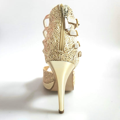 Scarpa da donna Lussuria in pizzo oro con plateau e tacco a spillo, Wish Dance Shop, elegante calzatura in lurex dorato