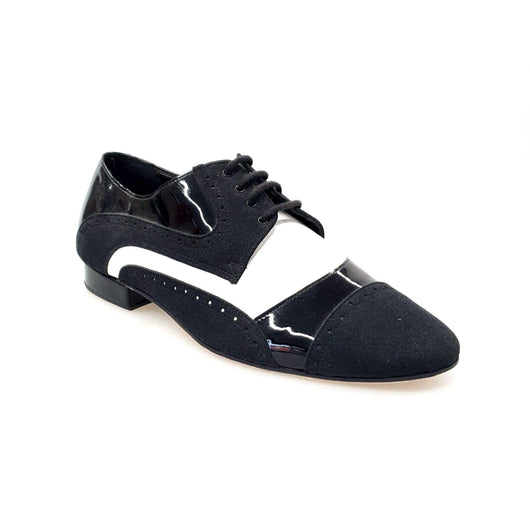 Magno (845) - Men's Lace-up Mod. Derby Brogue Shoe in Black Patent Leather and Suede With White Leather