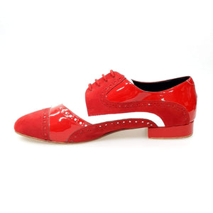 Magno (845) - Men's Lace-up Mod. Derby Brogue Shoe in Patent Leather and Red Suede With White Leather