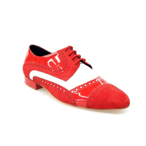 Magno (845) - Men's Lace-up Mod. Derby Brogue Shoe in Patent Leather and Red Suede With White Leather