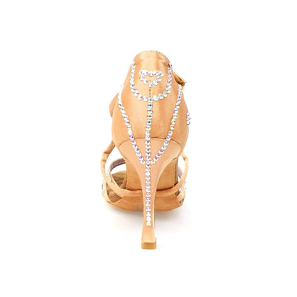 Scarpa da donna Melody QC Plus Wish Dance Shop in raso seta carne con Swarovski e tacco rocchetto, cinturino incrociato, design fantasy
