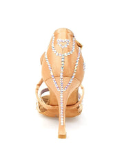 Load image into Gallery viewer, MELODY QC Plus (45QC) - Ladies dance shoe in Nude Silk Satin with 5 strips Without Mesh with crossed strap on the instep and Boreal Swarovski Fantasy Design Rock Heel
