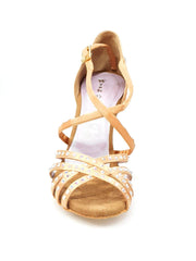 Load image into Gallery viewer, MELODY QC Plus (45QC) - Ladies dance shoe in Nude Silk Satin with 5 strips Without Mesh with crossed strap on the instep and Boreal Swarovski Fantasy Design Rock Heel
