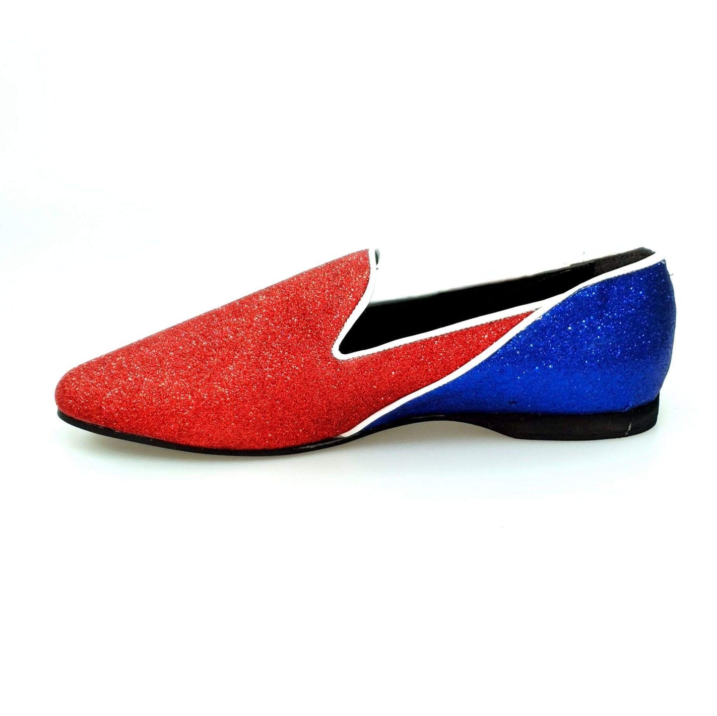 Mocassino Outlet 800BH in glitter rosso e blu royal, modello Cuba con profili bianchi, scarpa elegante e brillante