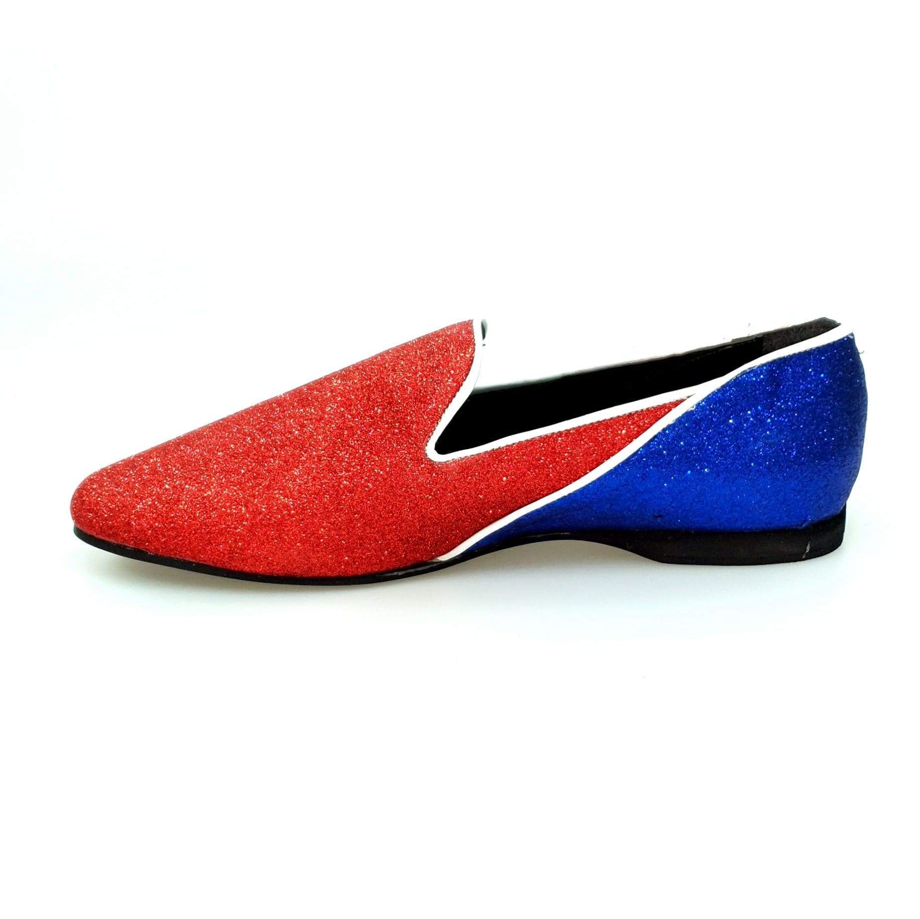 Mocassino Outlet 800BH in glitter rosso e blu royal, modello Cuba con profili bianchi, scarpa elegante e brillante