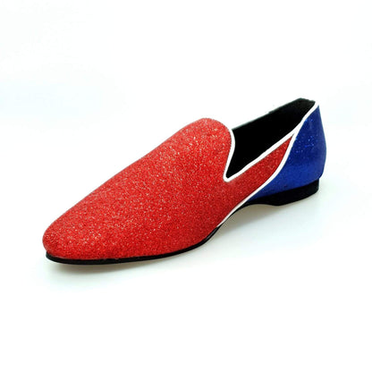 Mocassino Outlet 800BH in glitter rosso e blu royal, modello Cuba con profili bianchi, scarpa elegante e brillante.