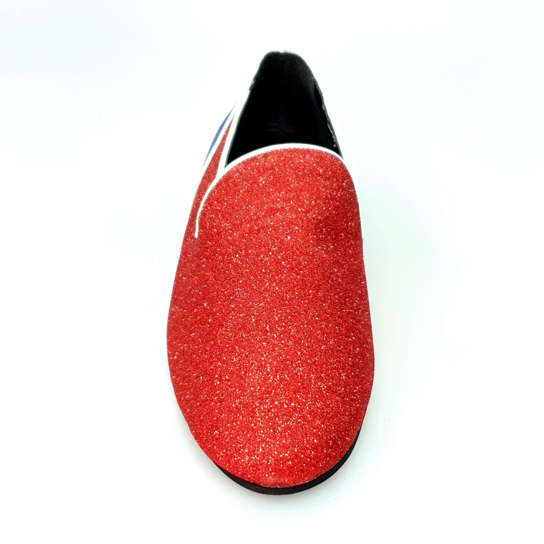 Mocassino Outlet 800BH in glitter rosso e blu royal, modello Cuba con profili bianchi, scarpe eleganti in glitter.
