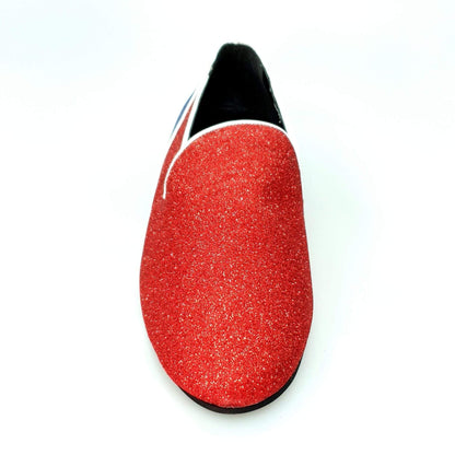 Mocassino Outlet 800BH in glitter rosso e blu royal, modello Cuba con profili bianchi, scarpe eleganti in glitter.