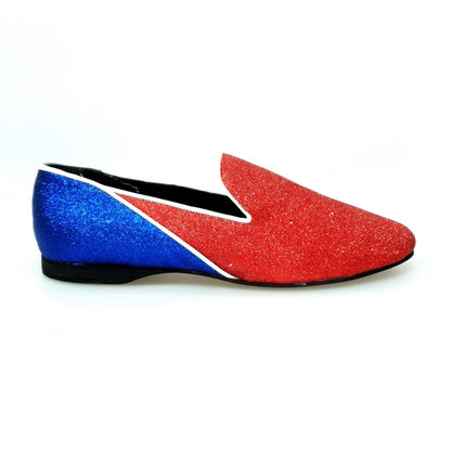 Mocassino Outlet in glitter rosso e blu royal, modello Cuba con profili bianchi, scarpa elegante in stile casual.
