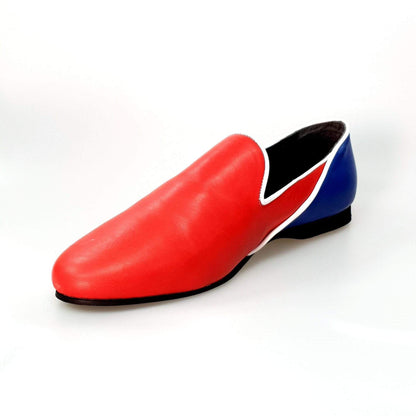 Mocassino Outlet in pelle rossa e blu royal modello Cuba con profili bianchi, elegante calzatura uomo.