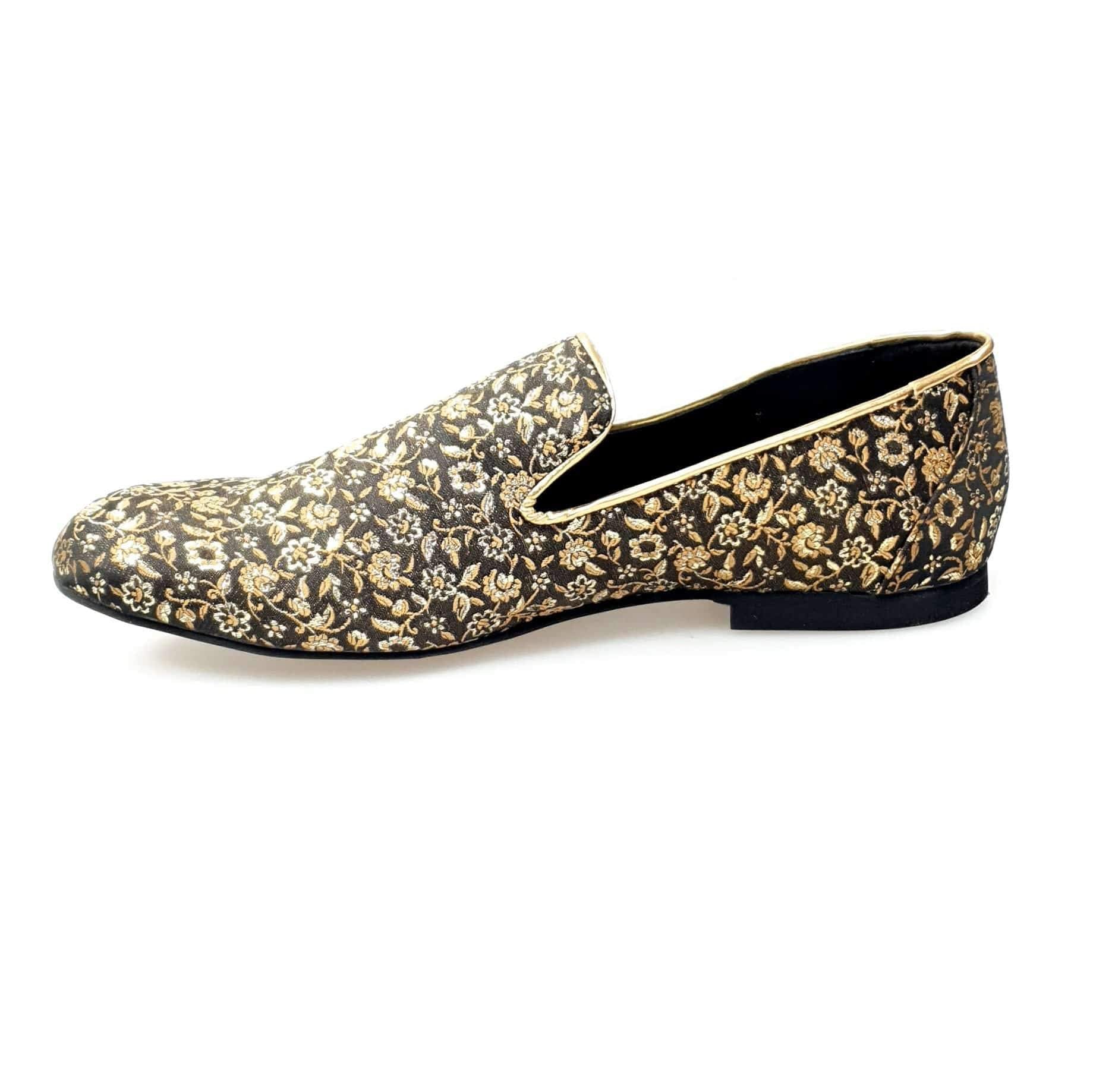 Mocassino da uomo Doge Wish Dance Shop in tessuto veneziano fiorato oro con profili in lurex oro e rivestito in vera pelle italiana