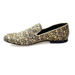 Load image into Gallery viewer, Doge (800PJ) - Men&#39;s Moccasin in Gold Floral Venetian Fabric with Gold Lurex Profiles Covered in Genuine Italian Leather
