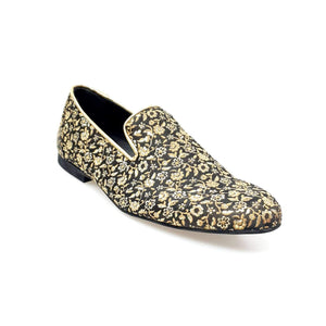 Doge (800PJ) - Men's Moccasin in Gold Floral Venetian Fabric with Gold Lurex Profiles Covered in Genuine Italian Leather