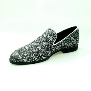 Doge (800PJ) - Men's Moccasin in Silver Florato Venetian Fabric with Silver Lurex Profiles Covered in Genuine Italian Leather