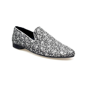 Doge (800PW) - Men's Moccasin in Silver Florato Venetian Fabric with Silver Lurex Profiles Covered in Genuine Italian Leather