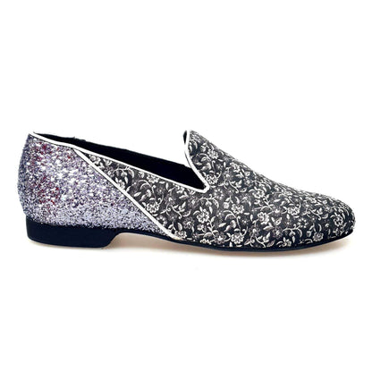 Mocassino da uomo Doge Wish Dance Shop in tessuto veneziano fiorato silver, tallone in glitter carbon e rivestito in vera pelle italiana.
