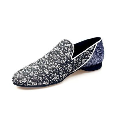 Mocassino da uomo Doge Wish Dance Shop in tessuto veneziano fiorato silver con tallone in cristallo grigio carbone in vera pelle italiana.