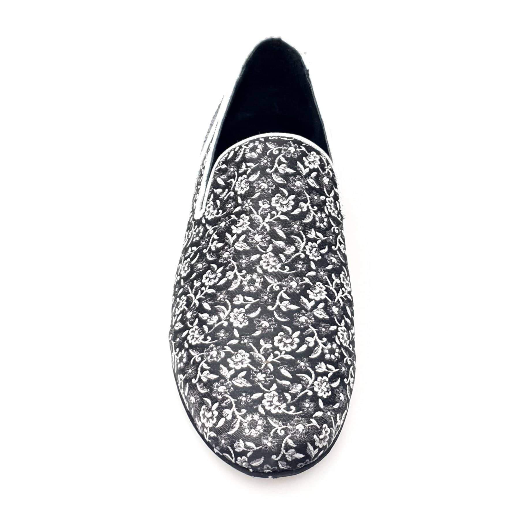 Mocassino uomo Doge in tessuto veneziano fiorato silver con tallone in glitter grigio carbon e rivestimento in vera pelle italiana.