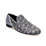 Load image into Gallery viewer, Doge (800B / PW) - Men&#39;s Moccasin in Silver Florato Venetian Fabric with Heel in Carbon Gray Kristall Covered in Genuine Italian Leather
