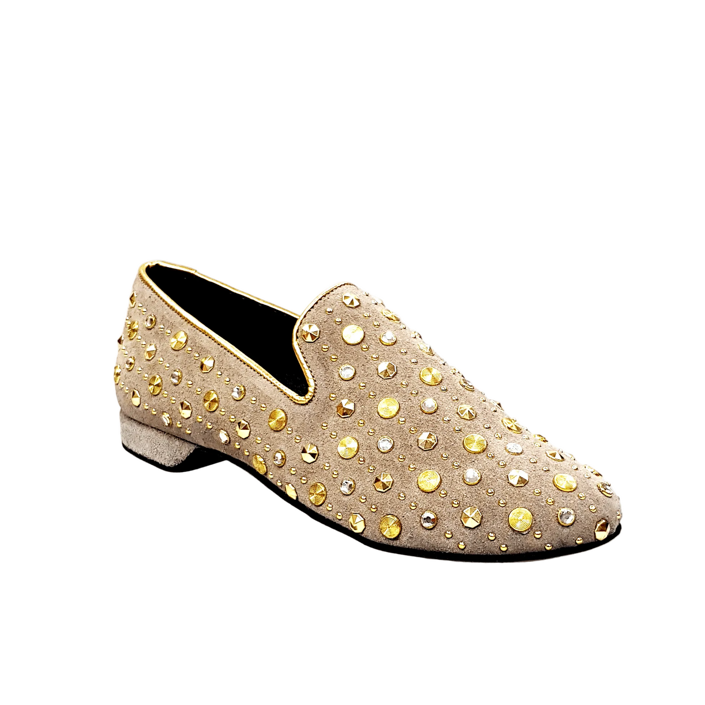 Scarpa Jack Sparrow Pirata Wish Dance Shop in camoscio beige con borchie dorate e cristalli Swarovski neri incastonati.