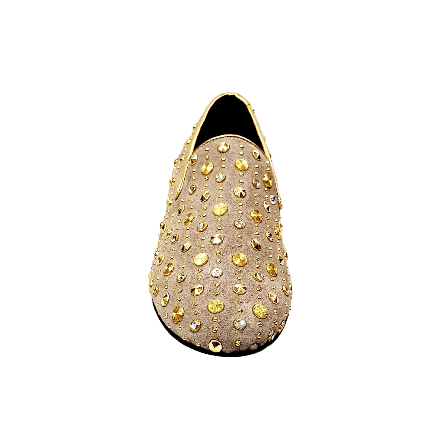 Scarpa mocassino Jack Sparrow Wish Dance Shop in camoscio beige con borchie dorate e cristalli Swarovski neri incastonati